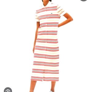 Lacoste Polo Maxi Button Down Dress. 100% Cotton Pique Made in France Grey/Multi